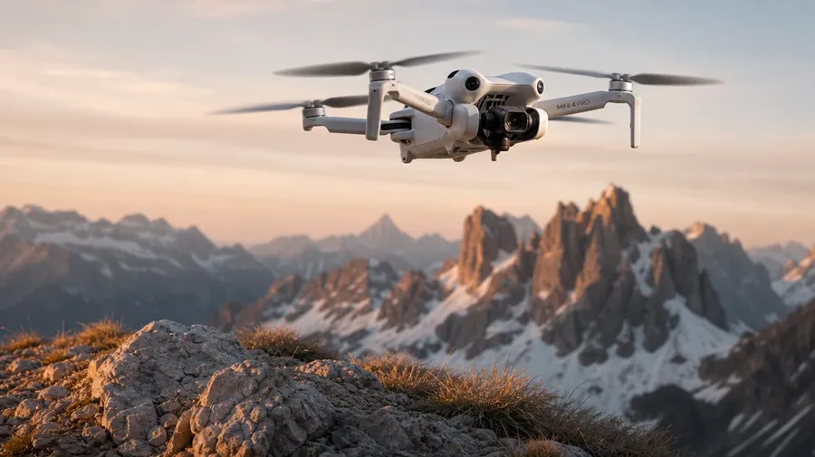 Consumer quadcopter drone hovering above an alpine ridge at golden hour, AI-generated drone images stock photo.