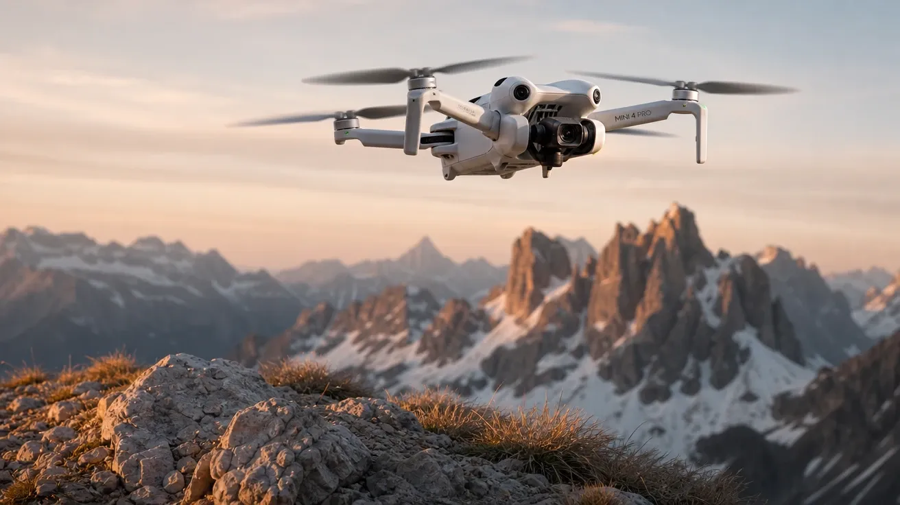 Consumer quadcopter drone hovering above an alpine ridge at golden hour, AI-generated drone images stock photo.