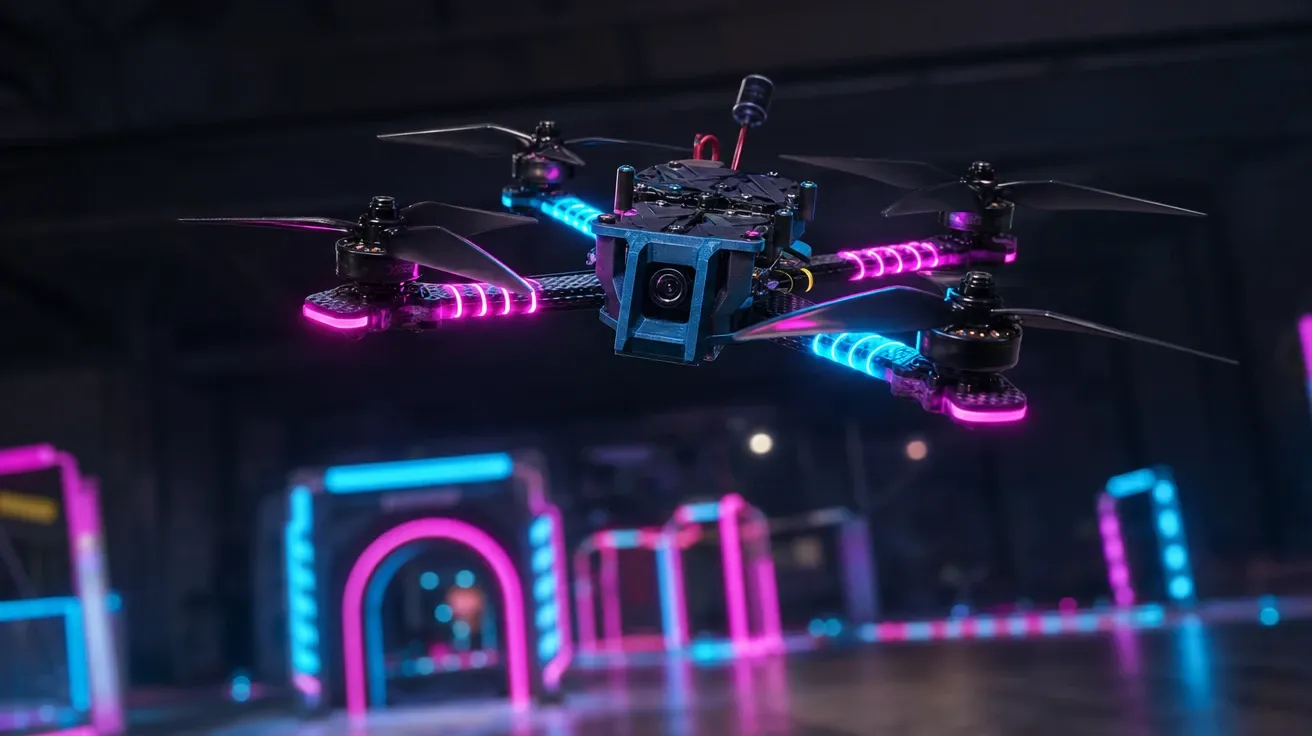 Custom FPV racing drone with neon LED strips on a night track, AI-generated drone images stock photo.