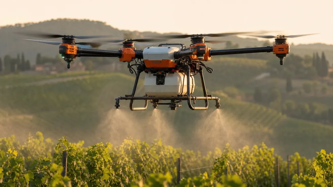 Agricultural sprayer drone hovering low over a Tuscan vineyard at golden hour, AI-generated drone images stock.