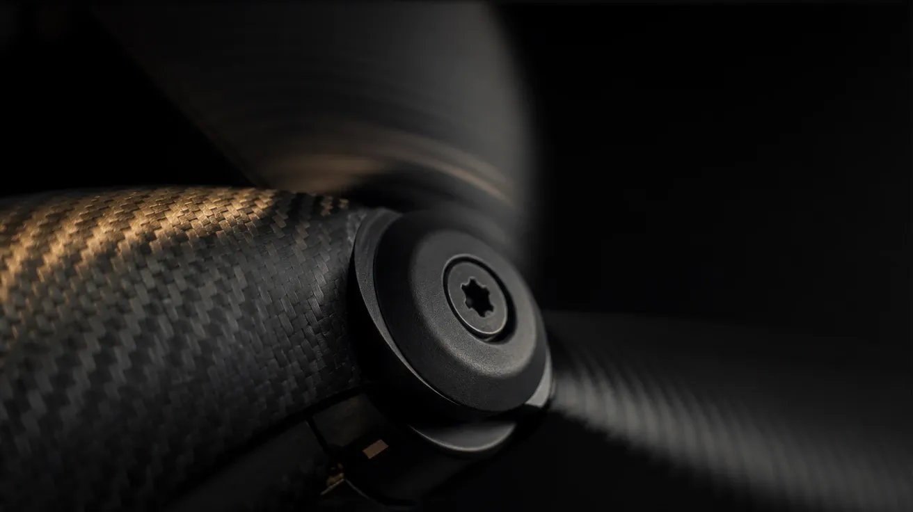 Macro close-up of a spinning carbon-fiber drone rotor blade, AI-generated drone images stock photo.