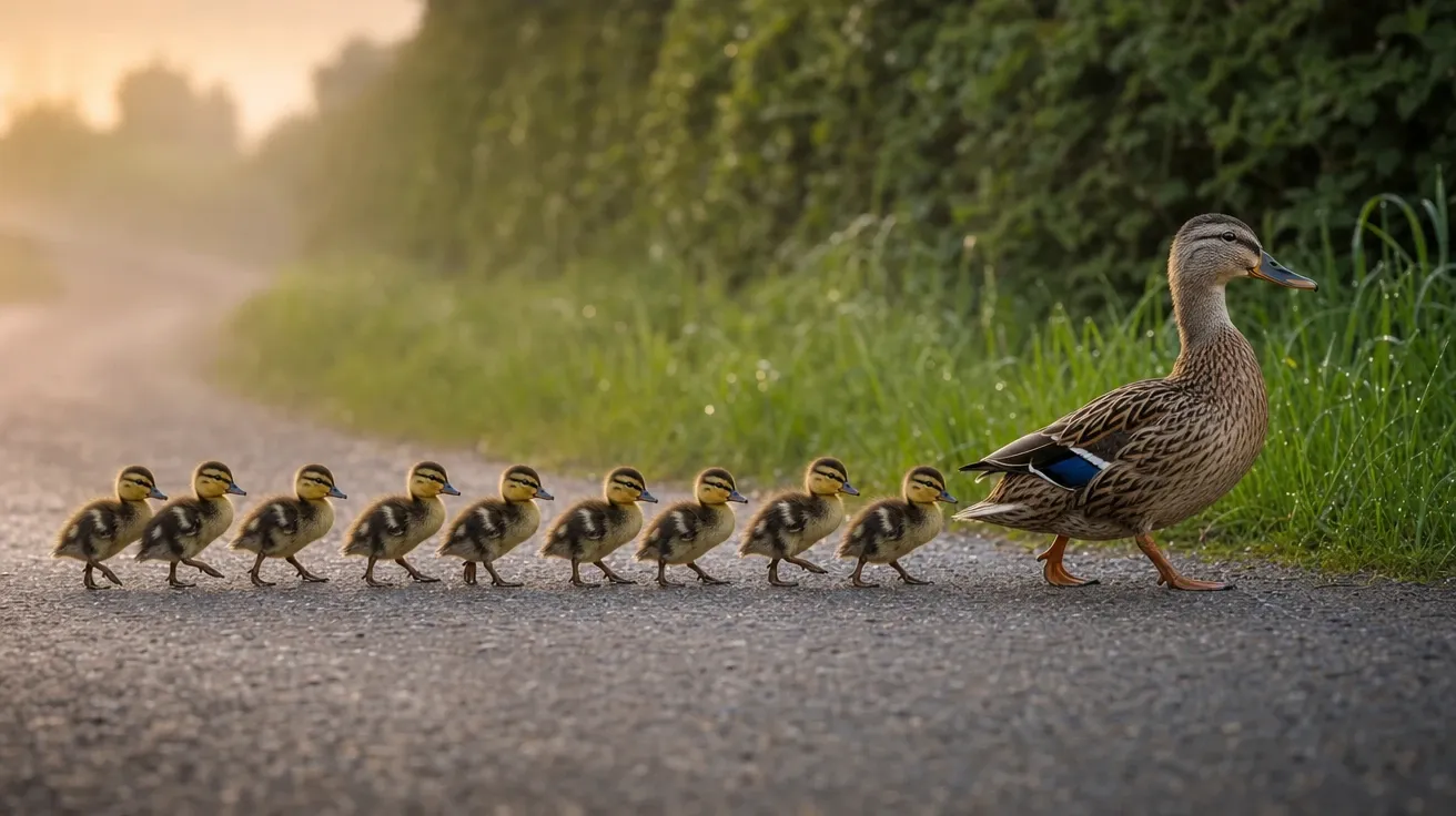 Mother mallard leading eight ducklings across a country lane at dawn, AI stock duck picture.