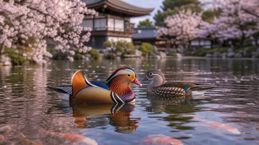 Mandarin duck pair on a Kyoto temple pond at cherry-bloom light, AI-generated duck images.