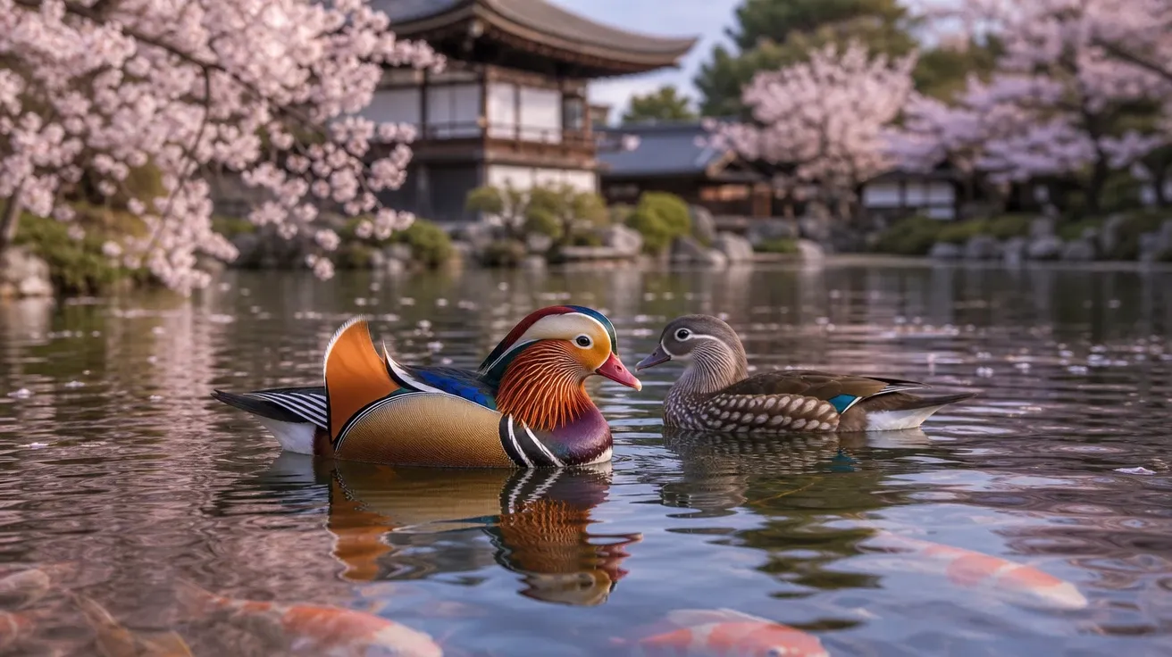 Mandarin duck pair on a Kyoto temple pond at cherry-bloom light, AI-generated duck images.