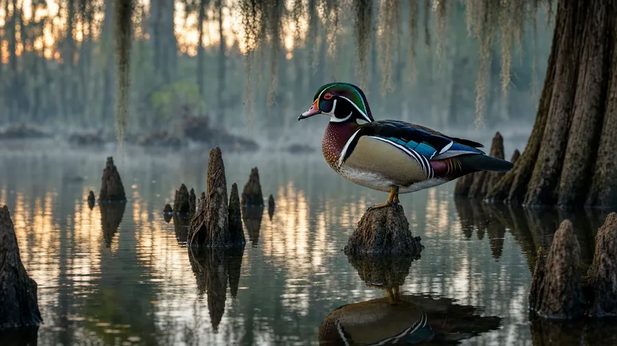 Wood duck drake iridescent on a forested swamp, AI stock duck species image.