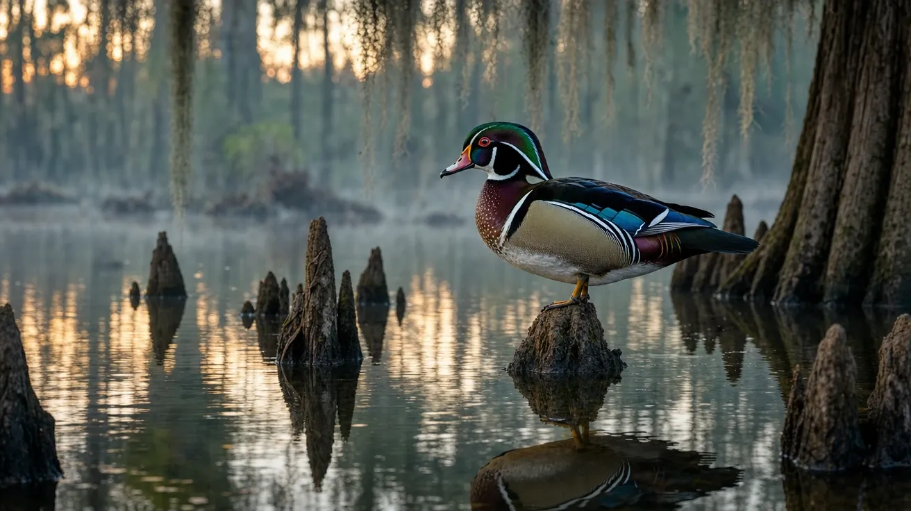Wood duck drake iridescent on a forested swamp, AI stock duck species image.