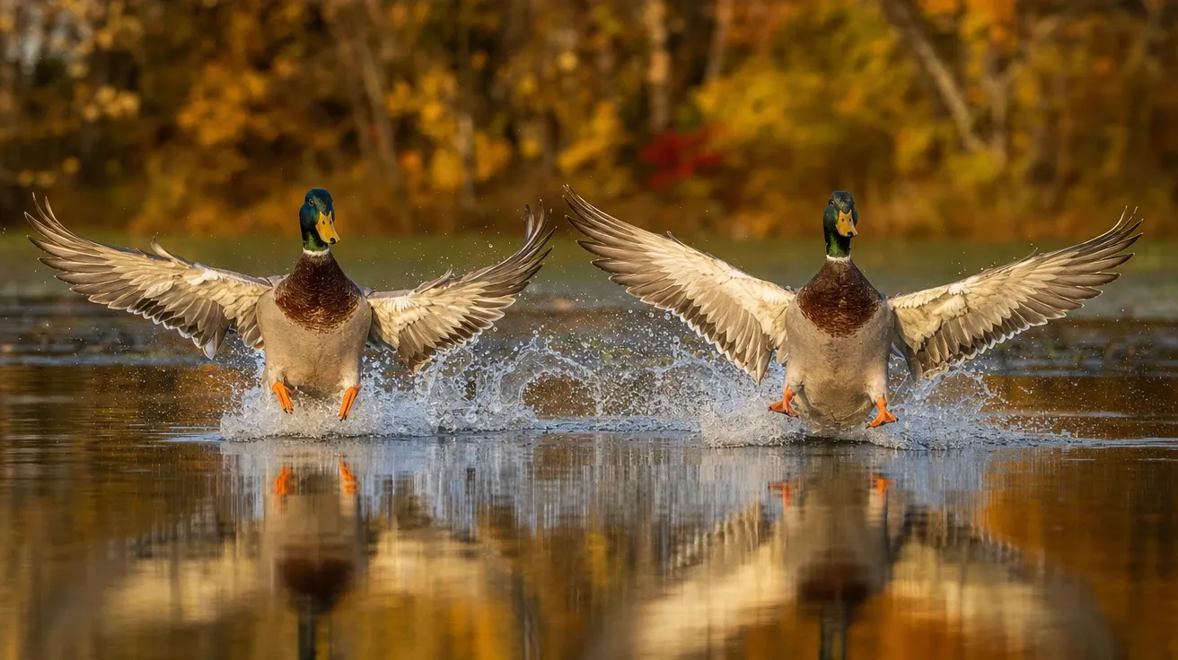 Two mallard drakes splash-landing wing-tip-to-wing-tip, AI stock duck behavior image.