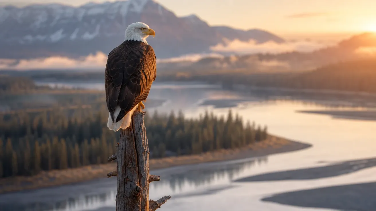 AI-generated bald eagle perched on a tall pine snag at golden-hour sunrise above a misty Alaskan river bend.