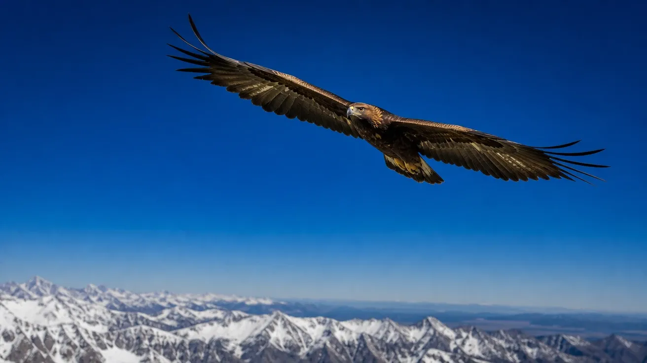 AI stock eagle image of a golden eagle soaring on Rocky Mountain thermals against a deep cobalt-blue sky.