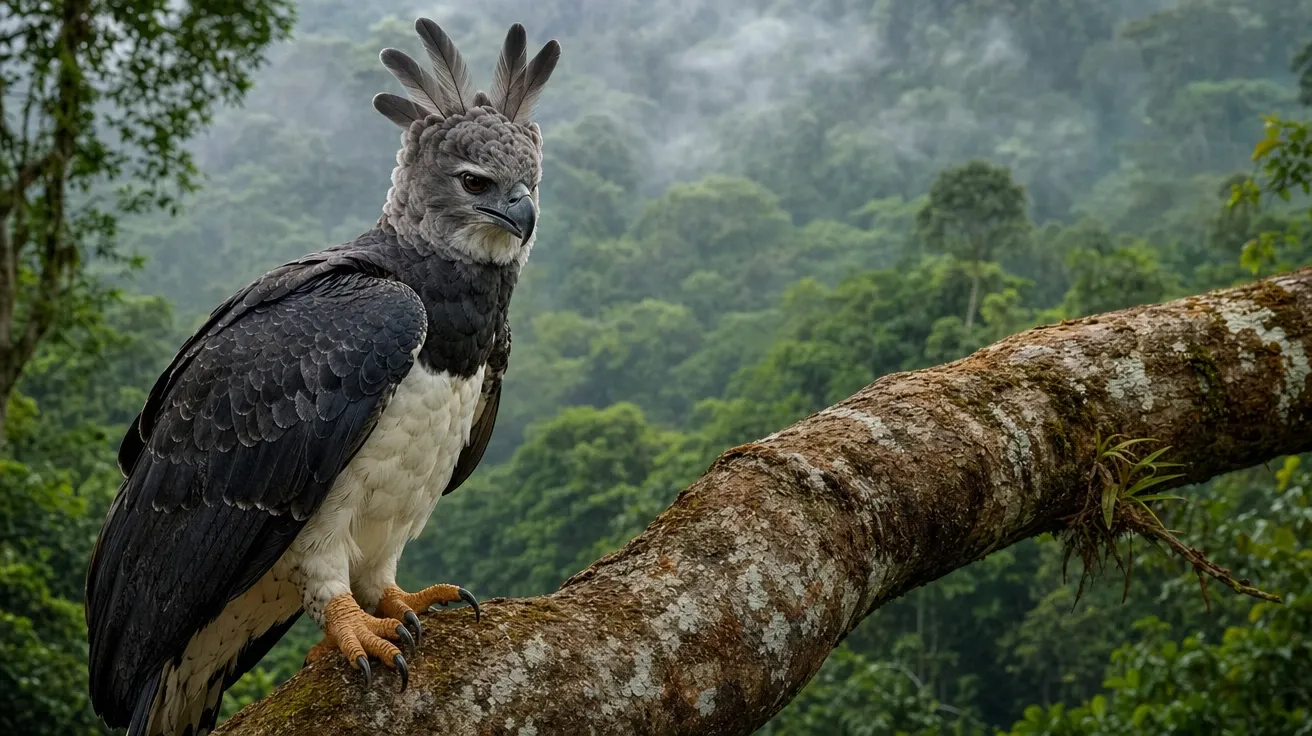 AI-generated harpy eagle perched on a large kapok branch high in the Amazon canopy with its feathered crest erect.
