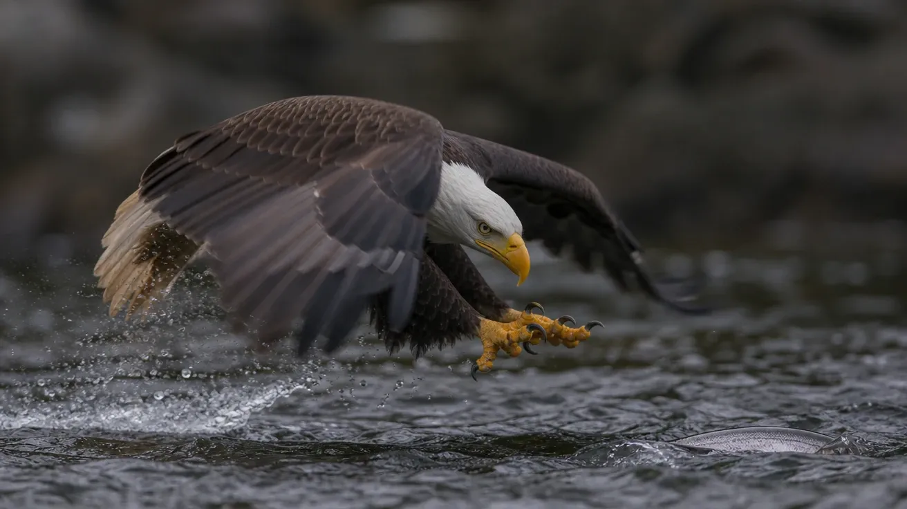 AI-generated bald eagle mid-stoop with tucked wings and extended talons reaching for a salmon at the water surface.