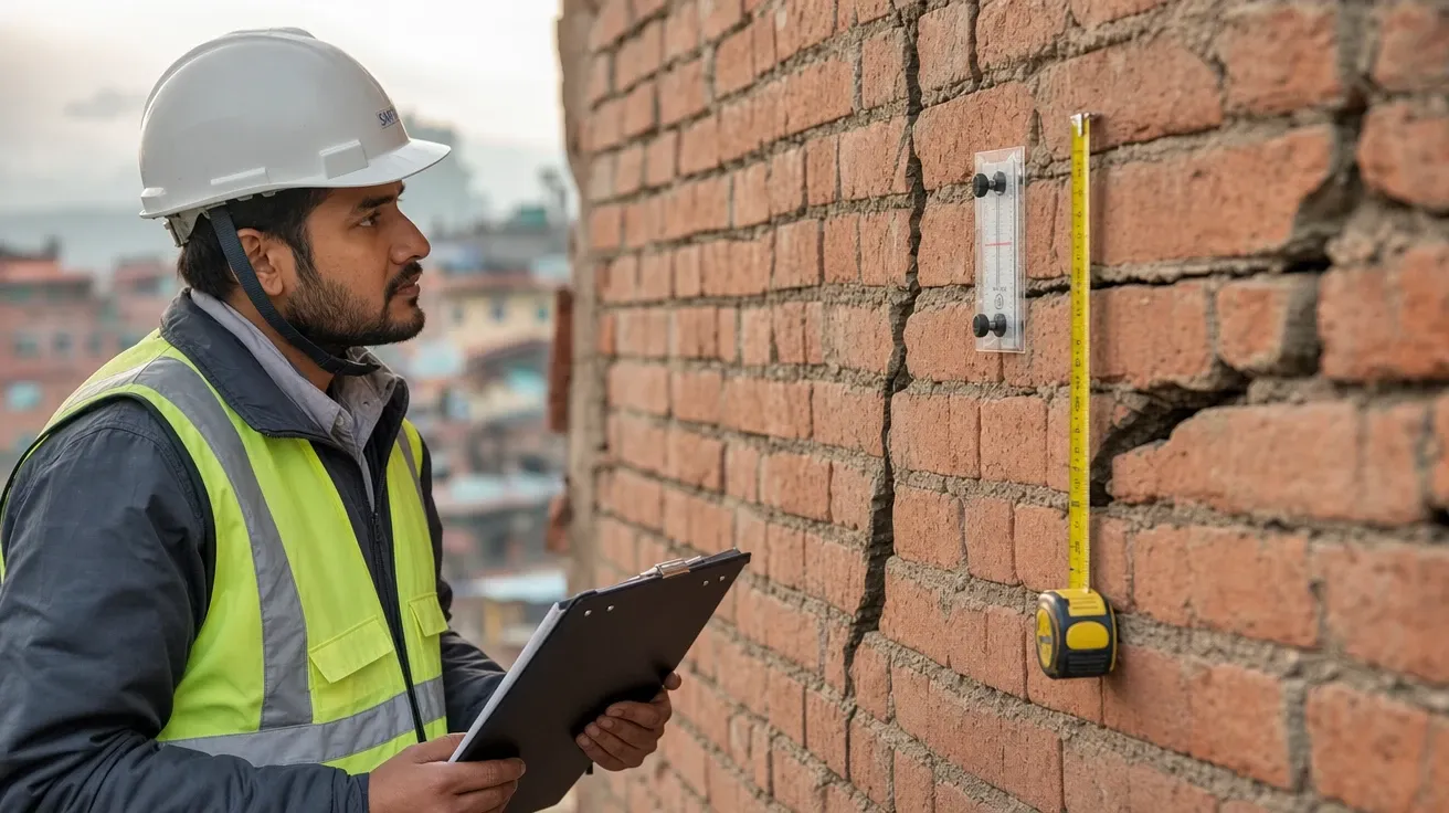 Structural engineer in hardhat assessing earthquake-damaged brick wall, AI stock earthquake phase image.
