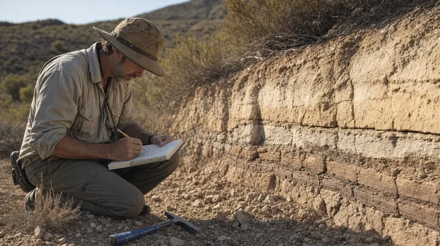Geologist tracing a fresh fault scarp in arid terrain, AI stock earthquake role image.