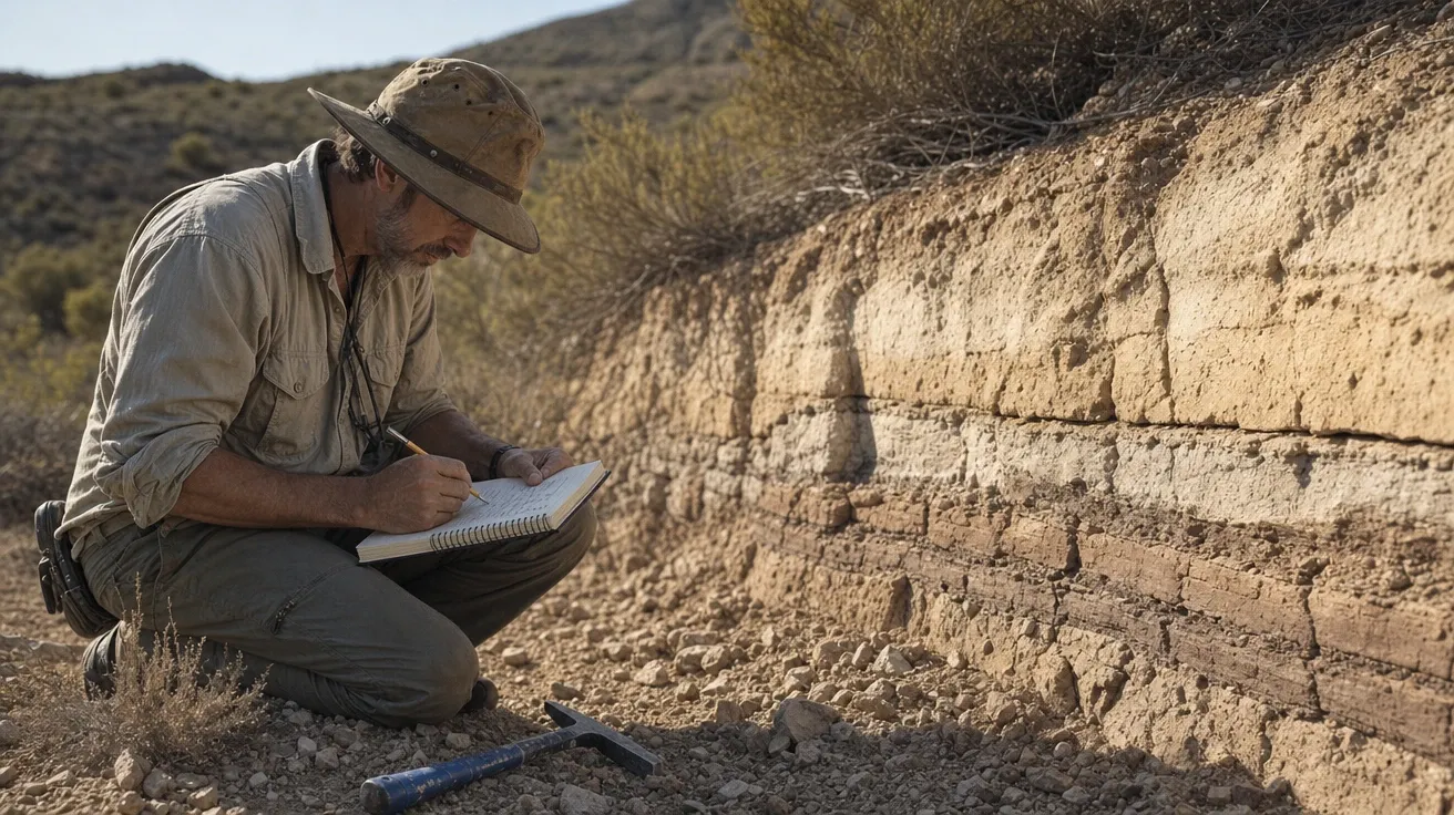 Geologist tracing a fresh fault scarp in arid terrain, AI stock earthquake role image.