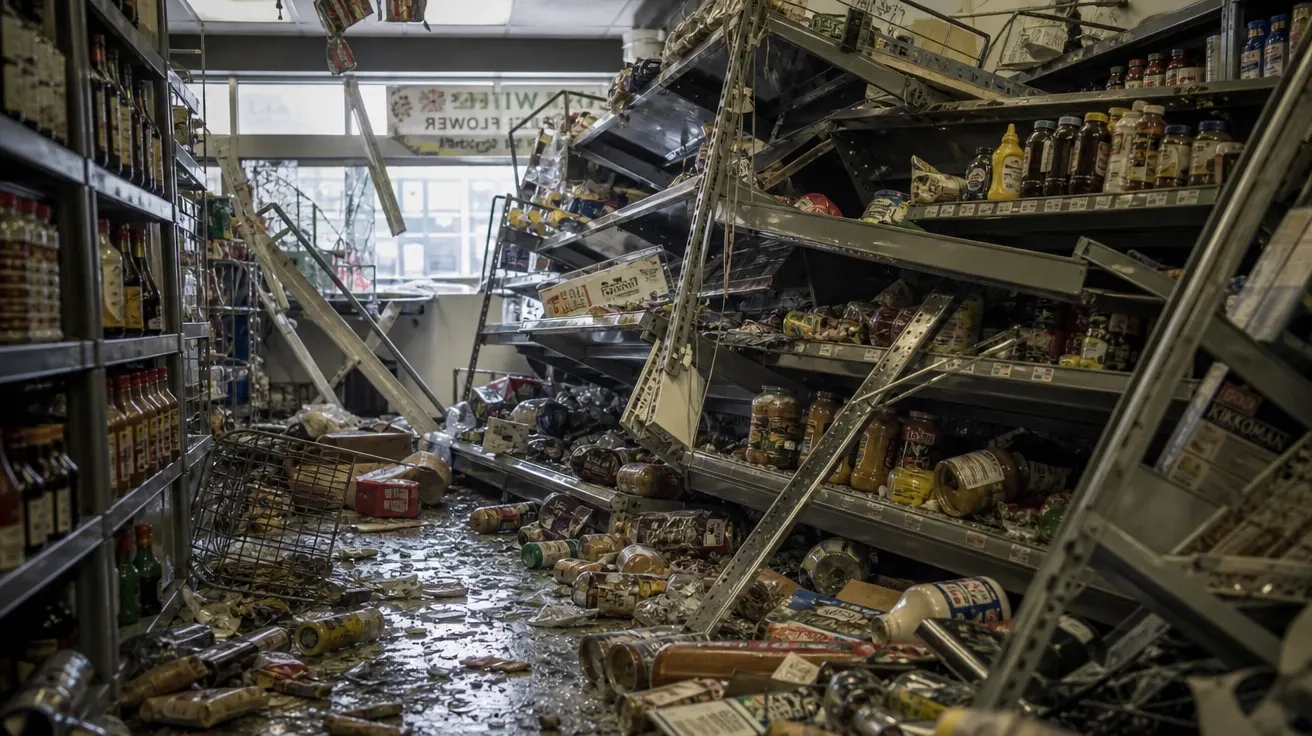 Corner-store interior with toppled shelves and scattered cans the morning after an earthquake, AI-generated earthquake images.