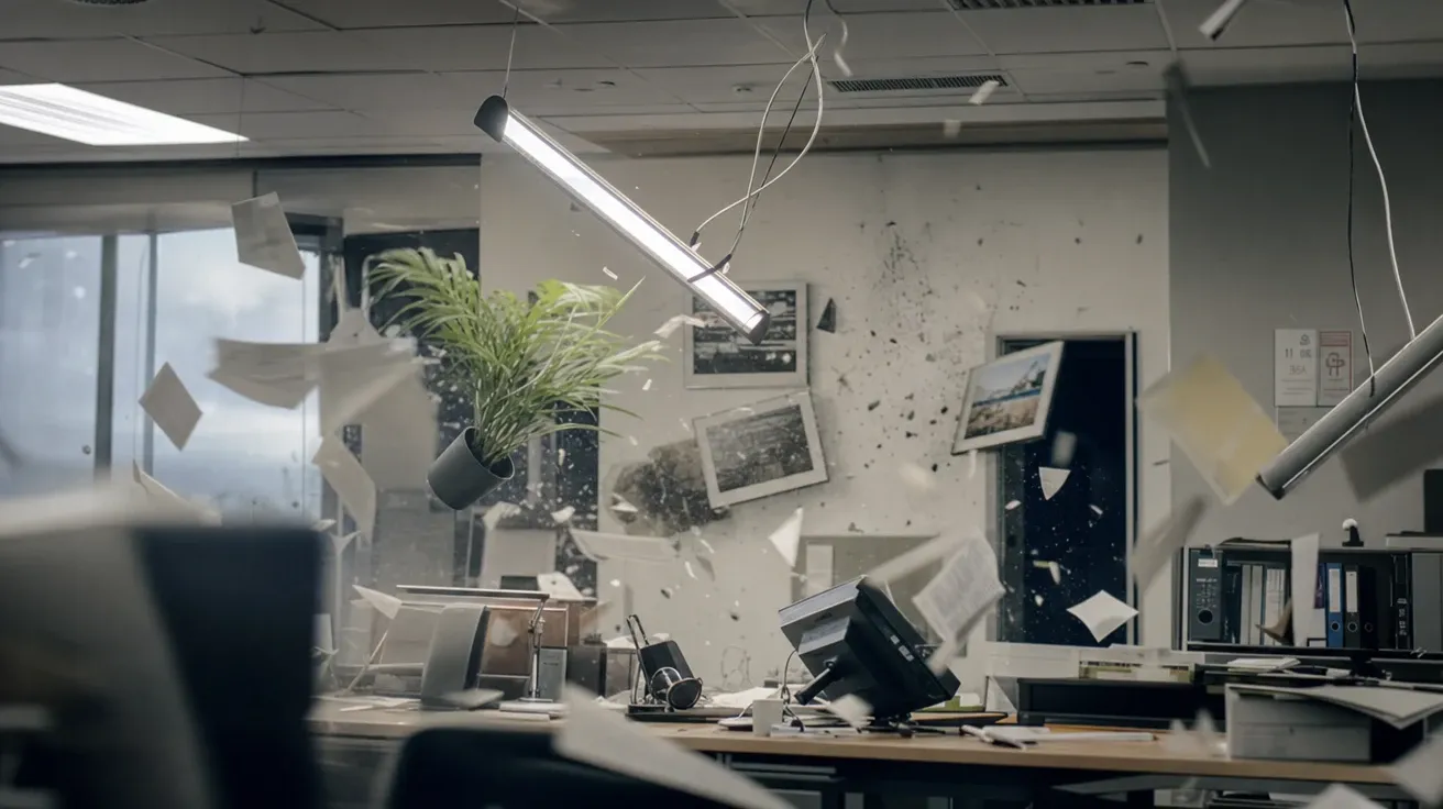Office interior mid-earthquake with swinging pendant lights and falling papers, AI stock earthquake picture.