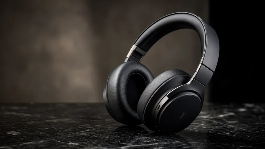 AI-generated electronics stock photo: matte-black over-ear headphones on polished granite under soft studio side light.