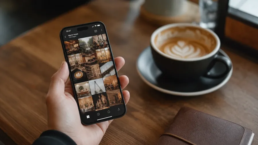 AI-generated electronics image: flagship smartphone in hand at a coffee shop with warm morning window light.