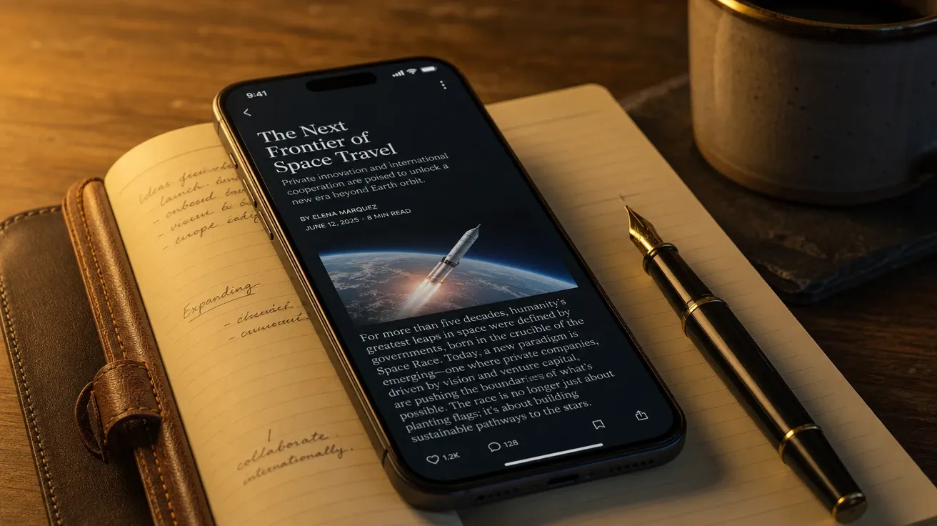 AI-generated electronics image: flagship smartphone mid-scroll on a leather notebook in warm evening lamp light.