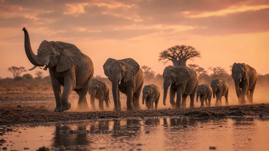 African elephant matriarch leading her herd to a watering hole at sunset, AI-generated stock elephant image.