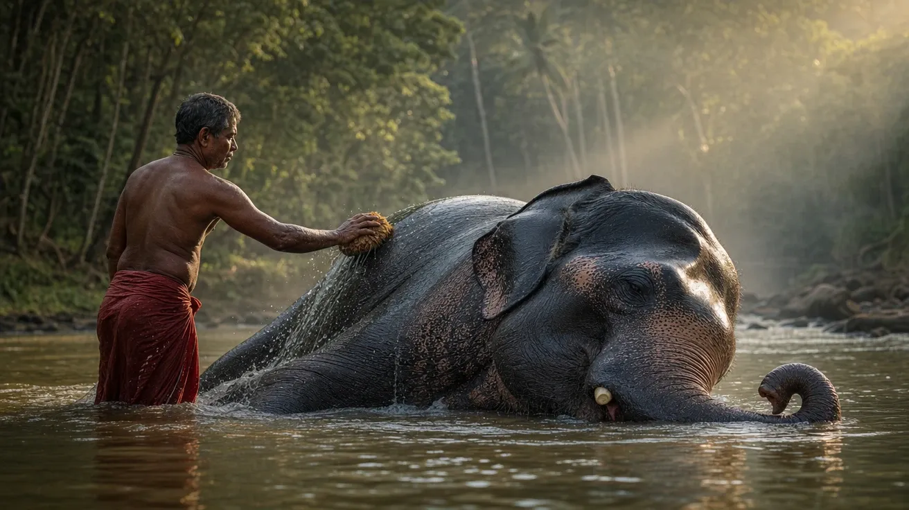 Sri Lankan mahout bathing his Asian elephant in a slow-moving river at morning, AI-generated stock elephant image.