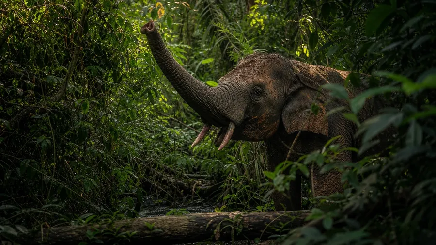 African forest elephant pushing through dense Congo rainforest at dusk, downward tusks, AI-generated stock elephant image.