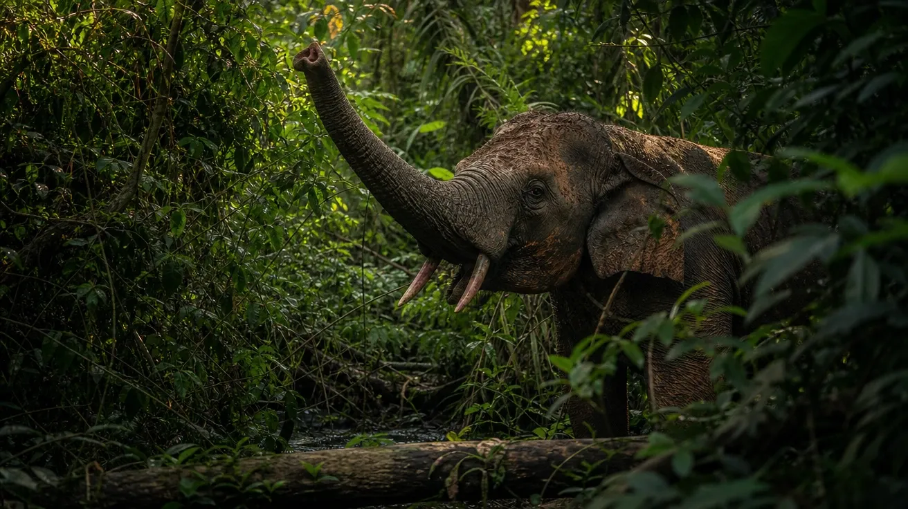 African forest elephant pushing through dense Congo rainforest at dusk, downward tusks, AI-generated stock elephant image.
