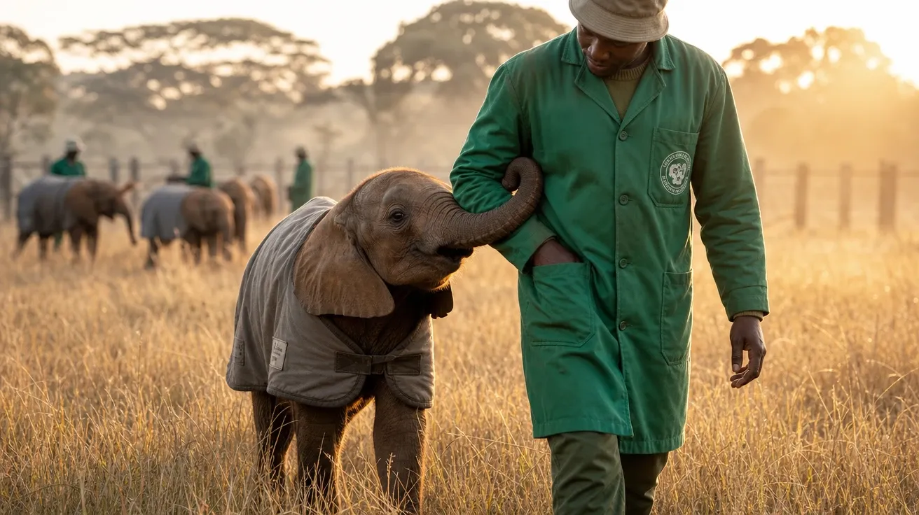 Orphan African elephant calf walking beside Kenyan sanctuary caretaker at sunrise, AI-generated stock elephant image.