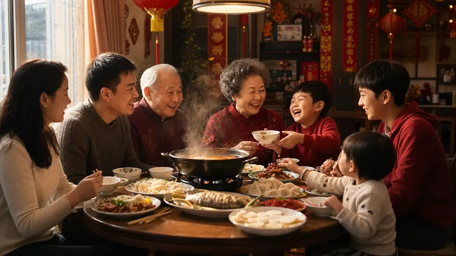 AI-generated family stock photo: three-generation East Asian Lunar New Year reunion dinner around a hot pot.
