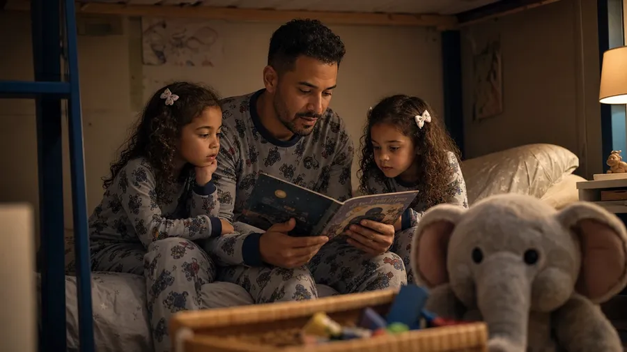AI family stock image: a single dad reading bedtime stories to twin daughters on a bunk bed in warm light.