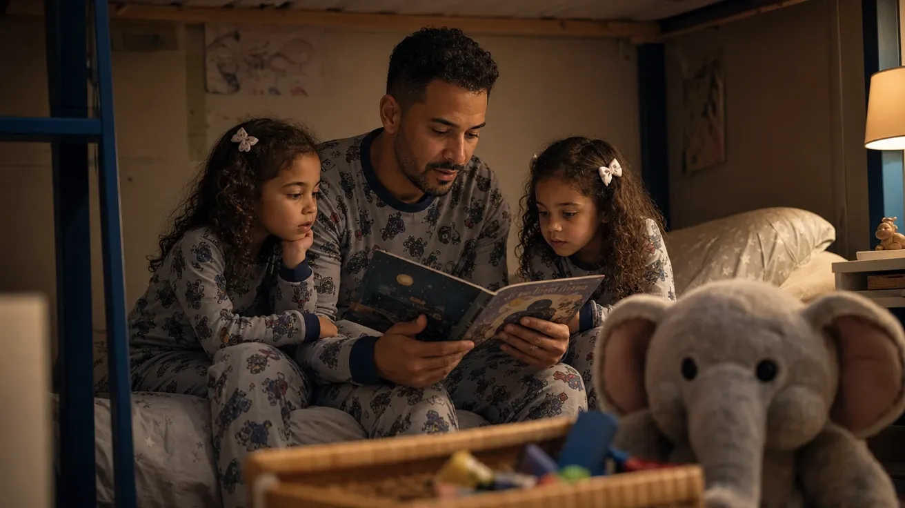 AI family stock image: a single dad reading bedtime stories to twin daughters on a bunk bed in warm light.