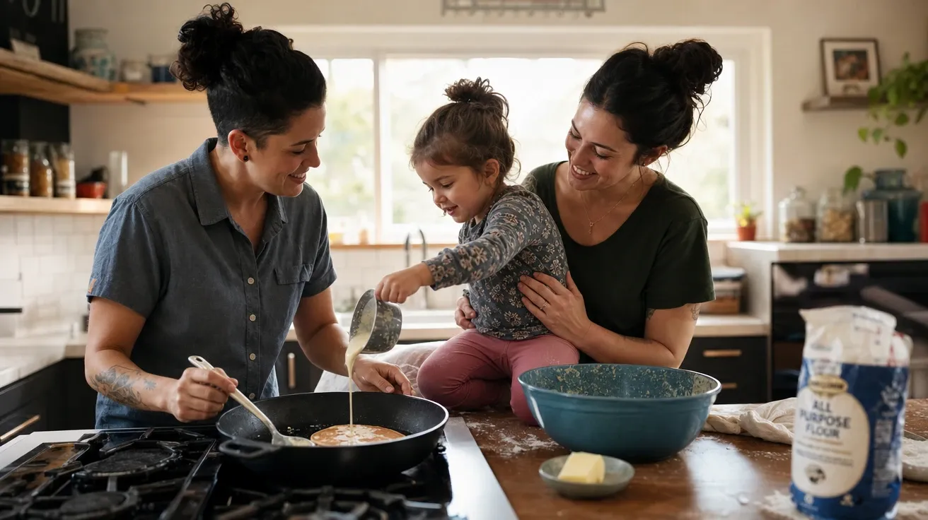 AI-generated family images: two-mom family making weekend pancakes with a toddler on the kitchen counter.