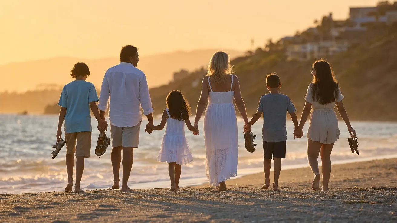 AI-generated family stock photo: a blended multi-ethnic family of six walking the surf at sunset.