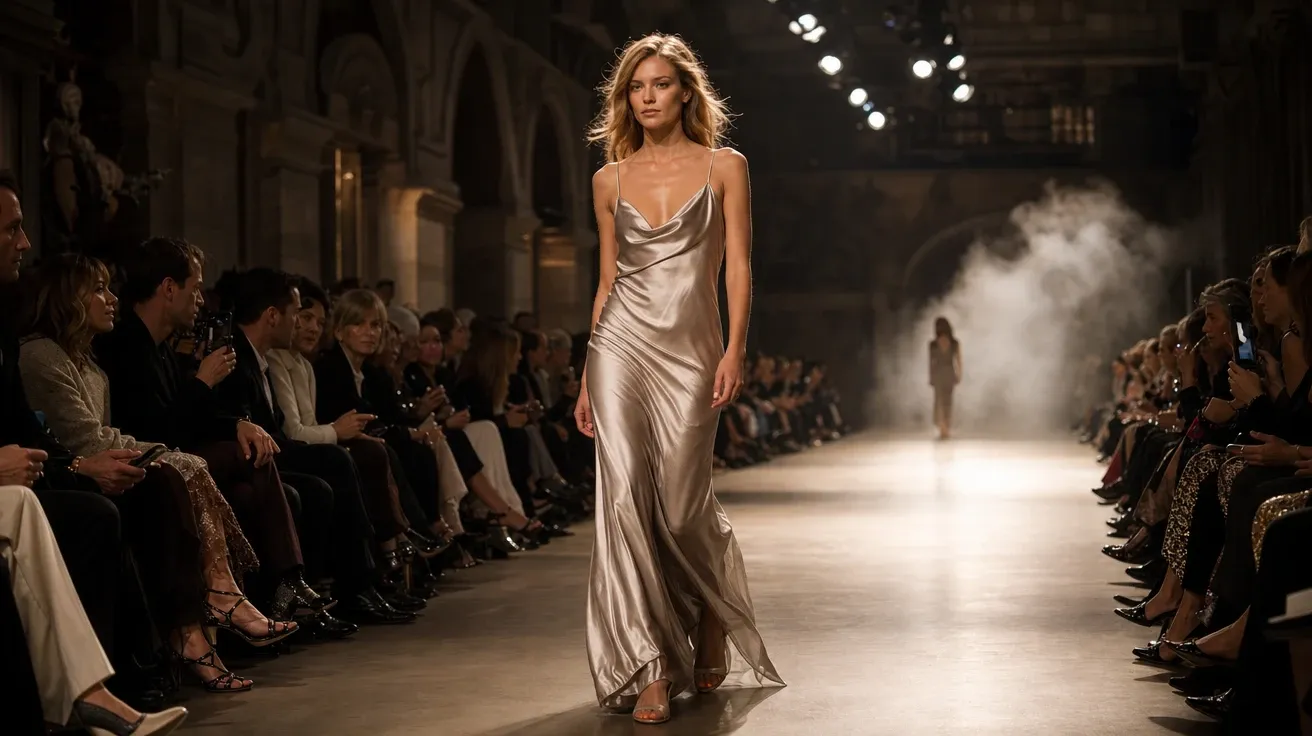 Paris fashion week runway under tungsten light, October editorial — AI-generated fashion image.