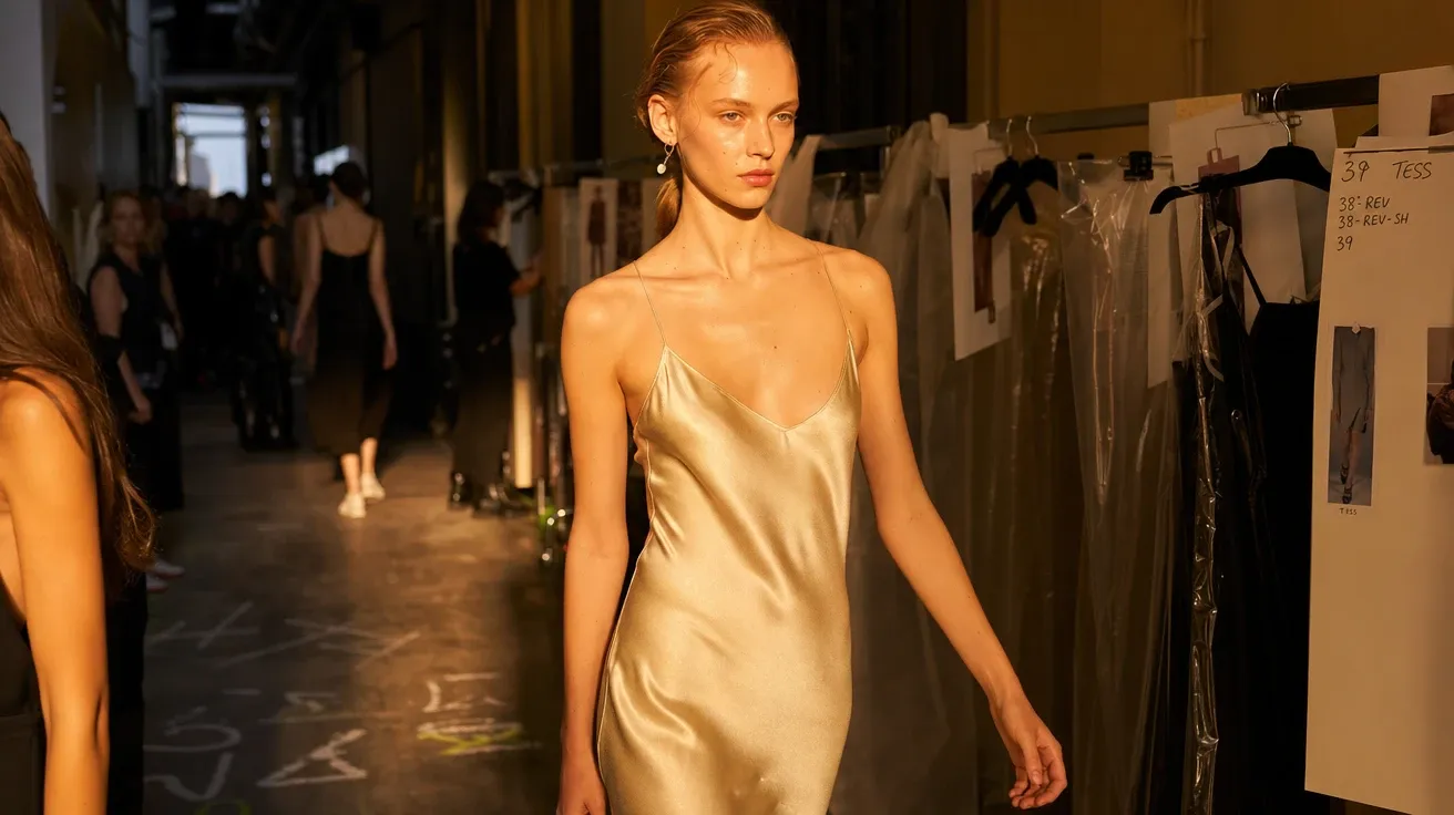 Model in silk slip dress backstage at a Milan runway show — AI-generated fashion stock image.