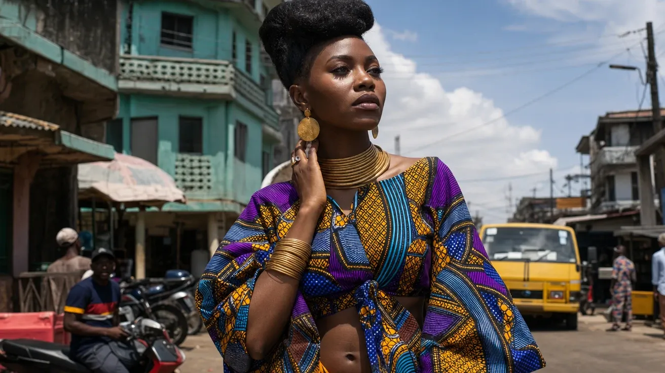 Lagos street-style fashion in ankara print and gold jewelry — AI-generated fashion stock image.