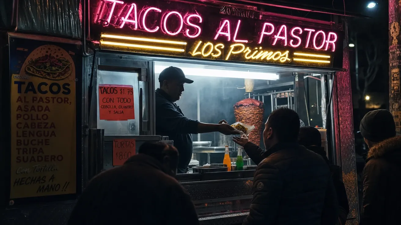 Neon-lit late-night Mexican taco truck window at 2 am with cook handing a paper-wrapped taco — AI-generated fast food stock image.