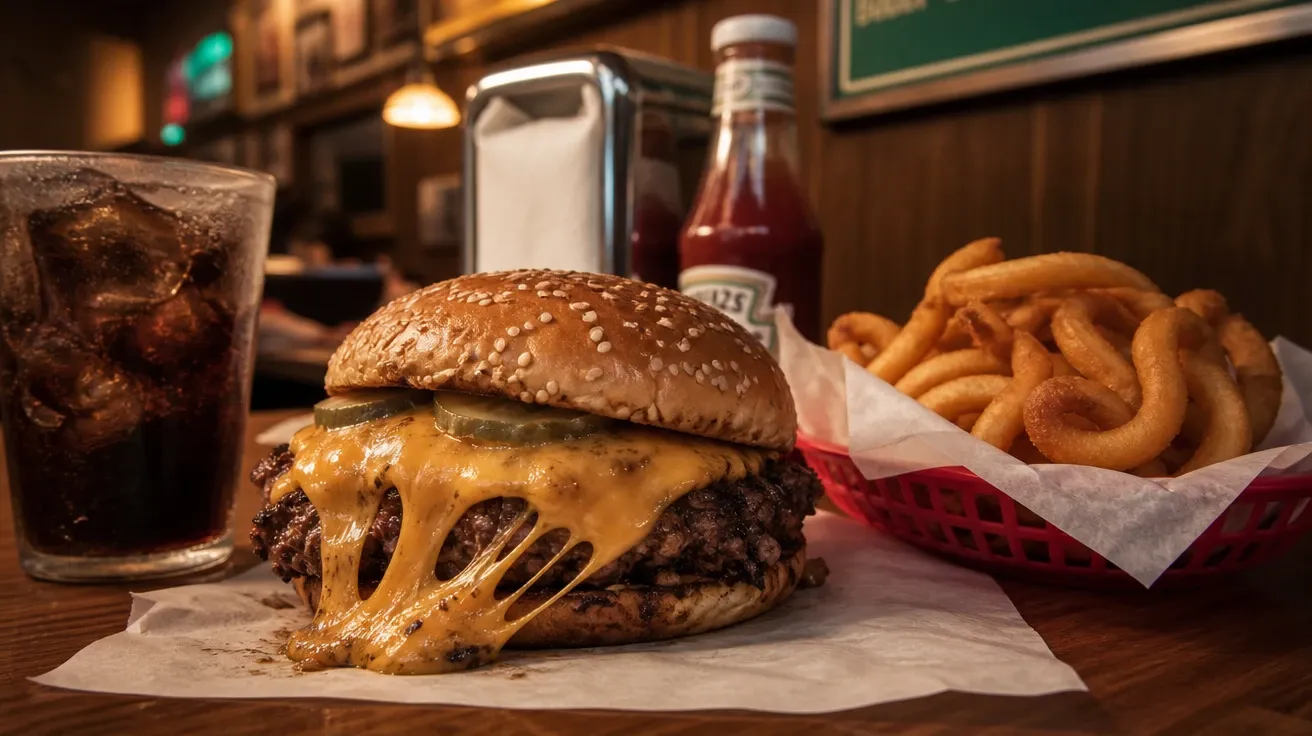 Smash burger and curly fries on parchment at a wood-laminate diner counter — AI-generated fast food image.