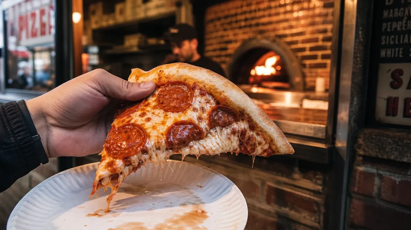 Folded slice of New York pepperoni pizza at a Brooklyn pizzeria counter window — AI-generated fast food image.