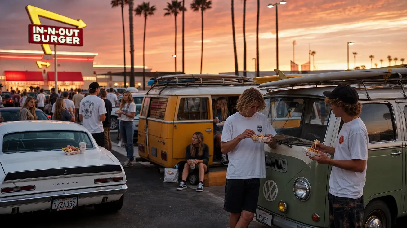 Packed Southern California burger chain parking lot with beach kids and vintage cars at sunset — AI-generated fast food image.