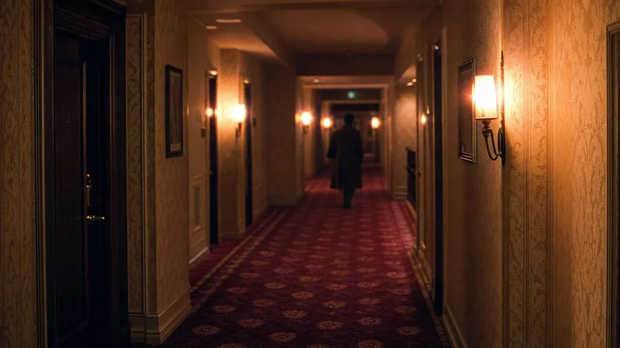 AI stock film photography image: tungsten hotel hallway on Cinestill 800T at midnight