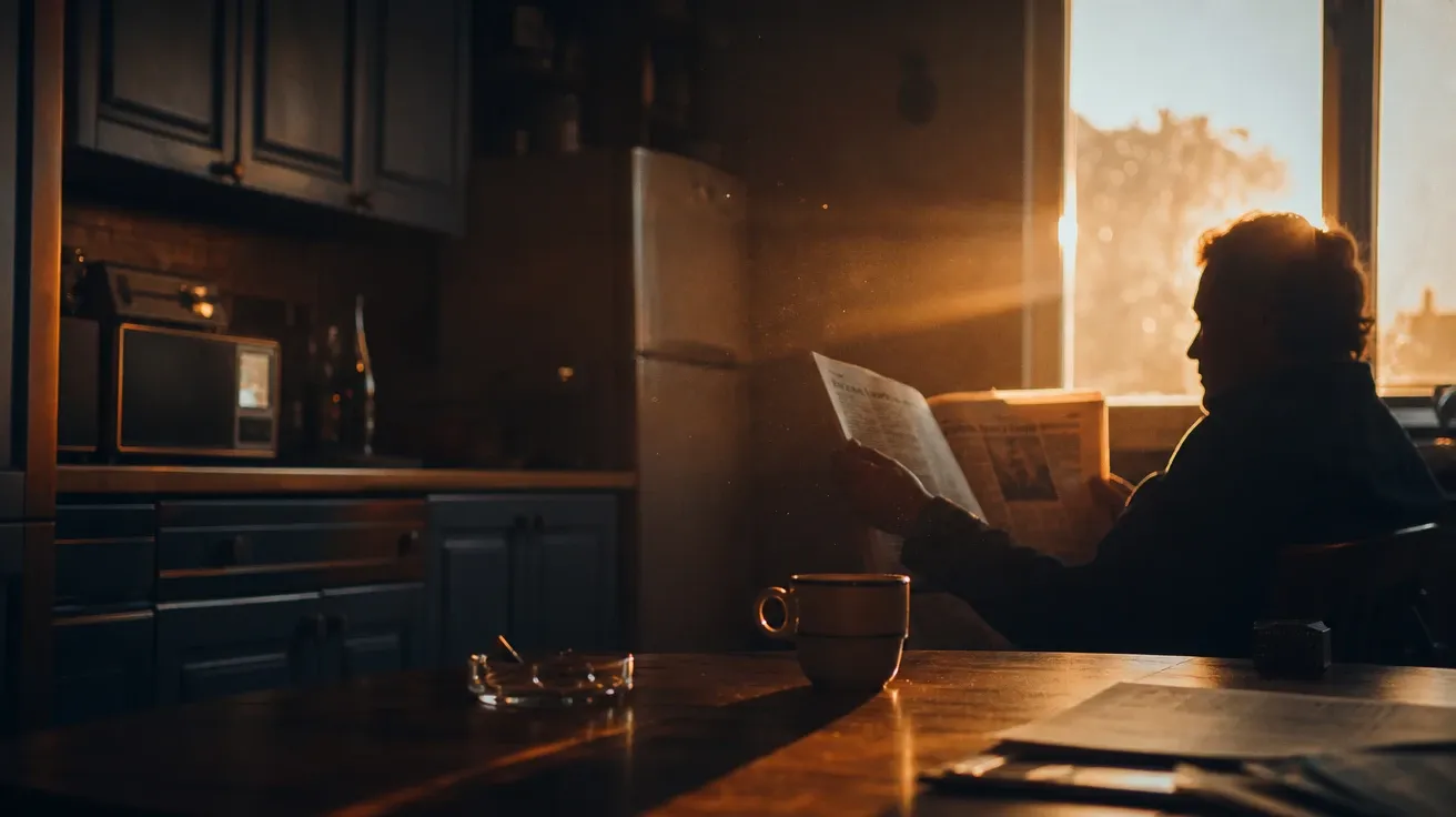AI stock cinematic still: anamorphic golden-hour kitchen interior with light streak through window