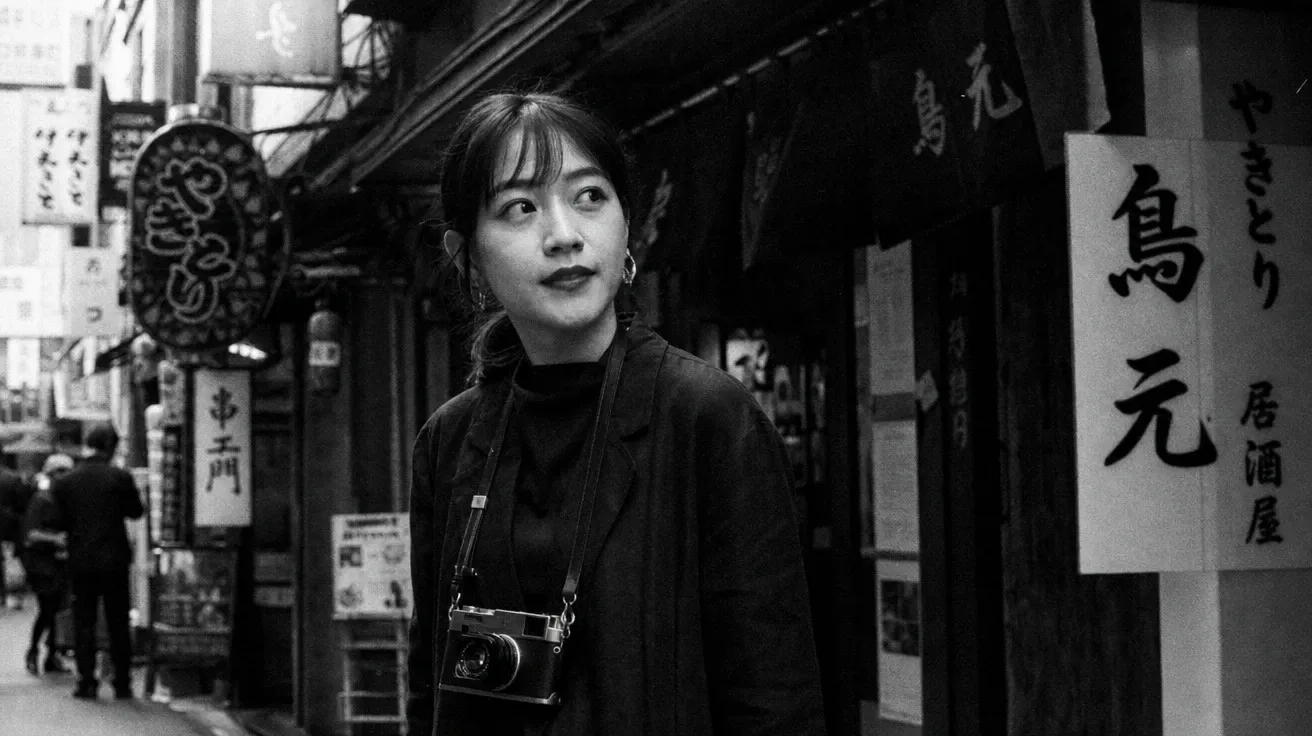 AI-generated film photography image: Tri-X 400 grain street portrait in a Tokyo back-alley at noon