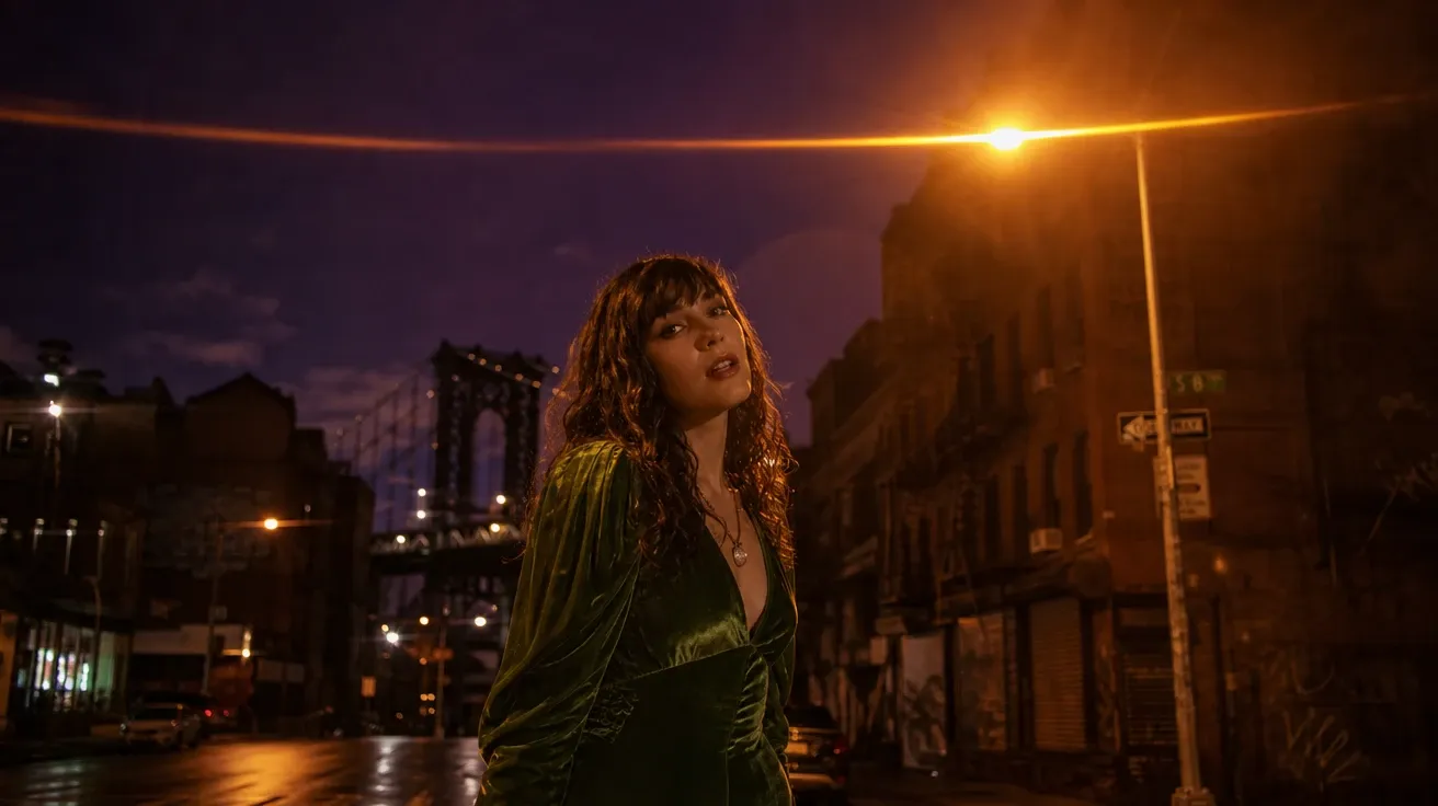 AI-generated cinematic still: music video reference frame, anamorphic lens flare on wet Brooklyn street