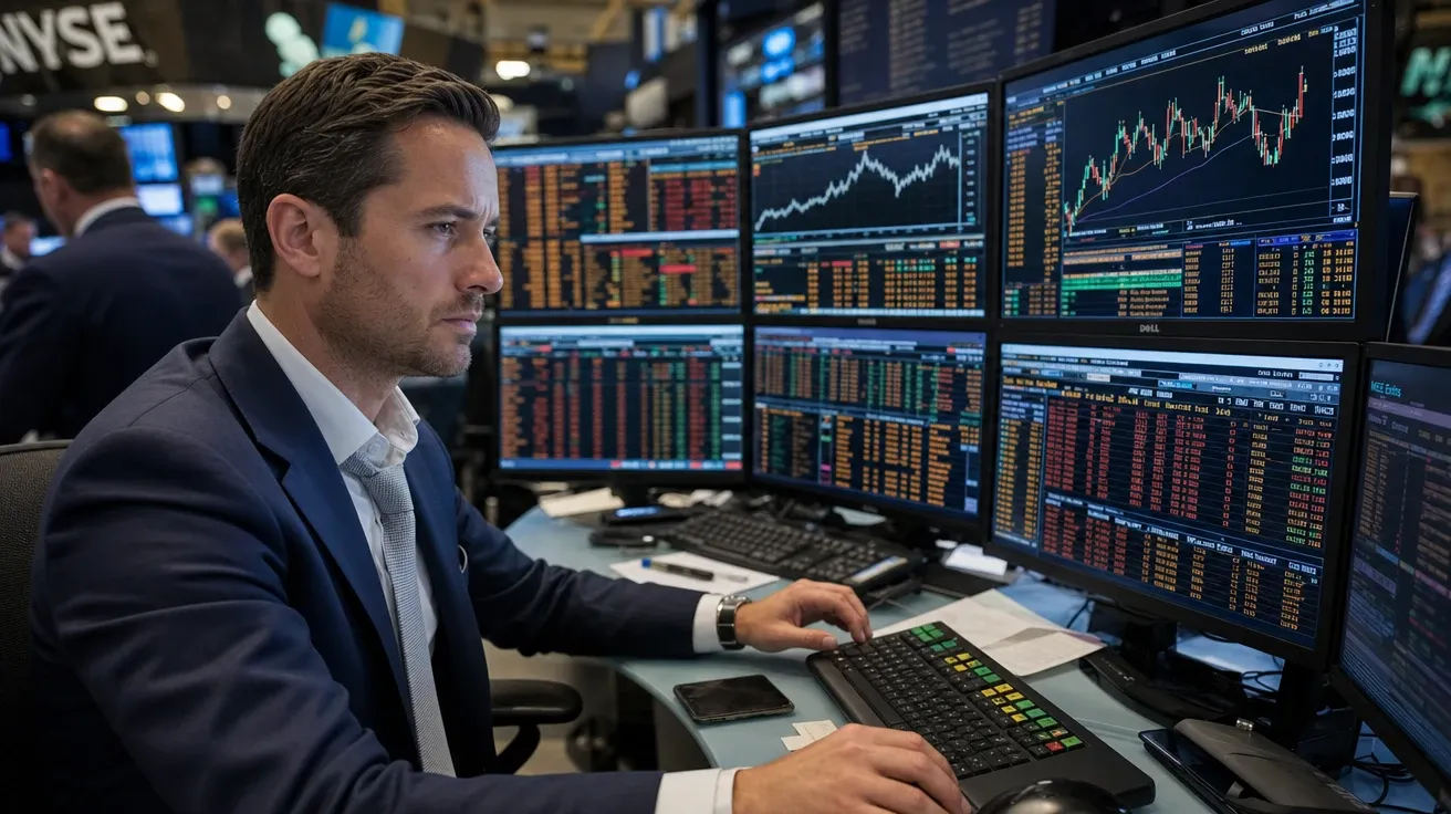 Trader at a six-monitor Bloomberg setup on a New York trading floor pre-market, AI-generated finance images stock.