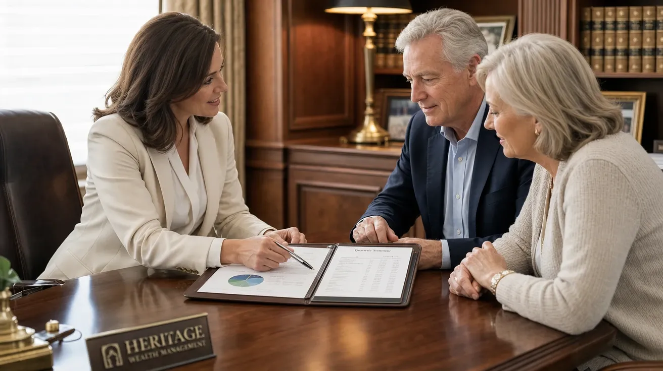 Financial advisor meeting a retired couple in a wood-paneled wealth-management office, AI-generated finance images.