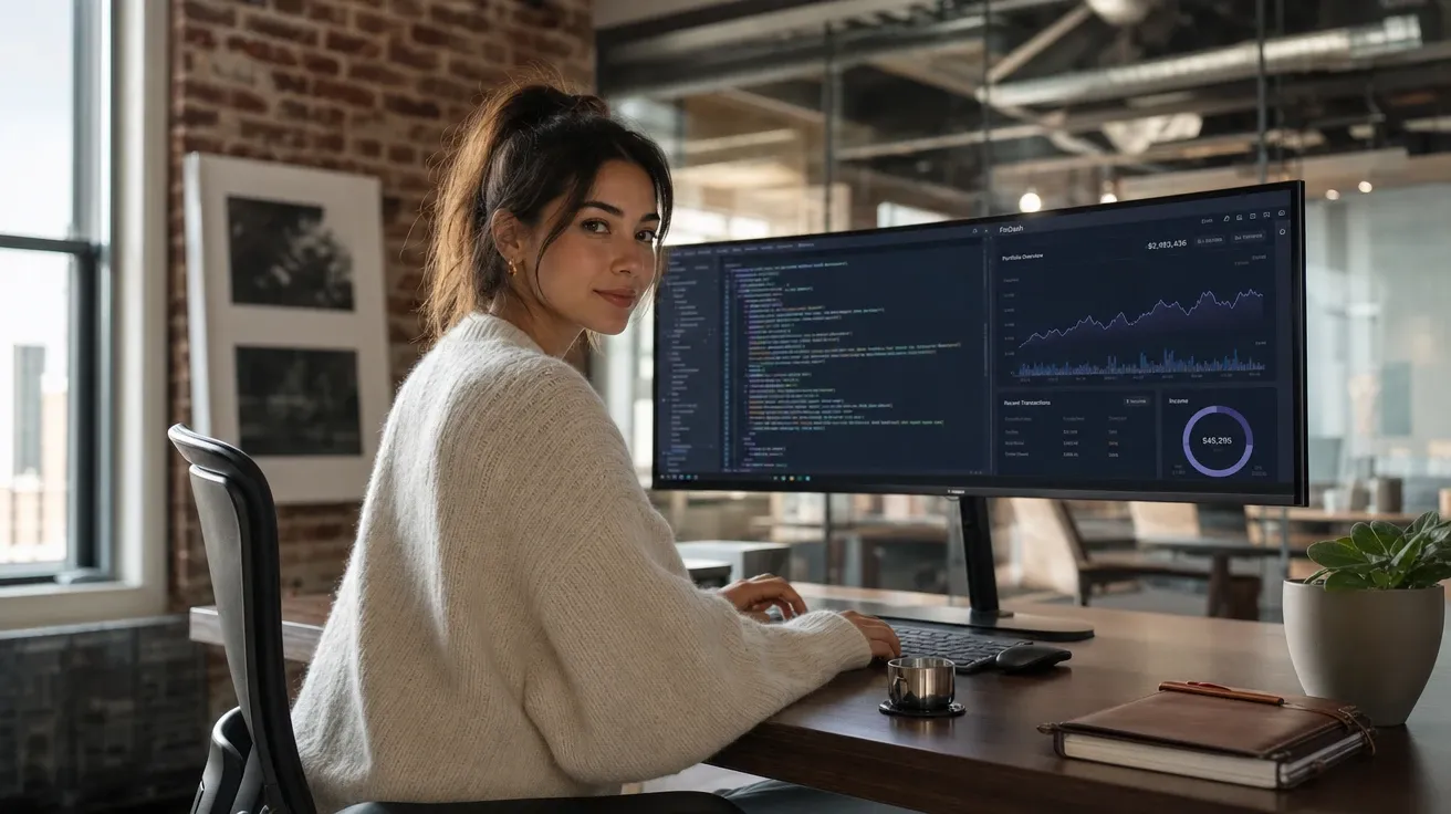 Fintech founder coding on an ultrawide monitor in a glass-walled SoHo loft, AI-generated finance images stock.