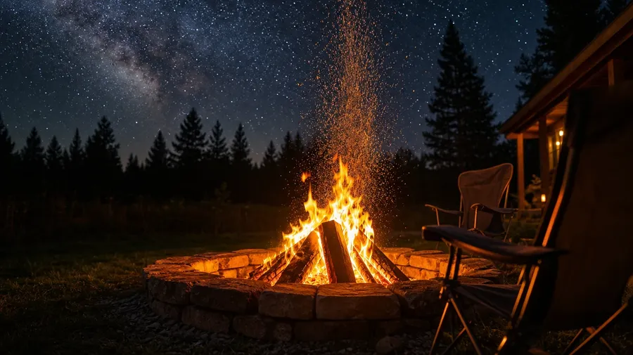 AI-generated backyard fire pit at midnight with sparks rising in a trail toward a starry sky over a quiet yard.