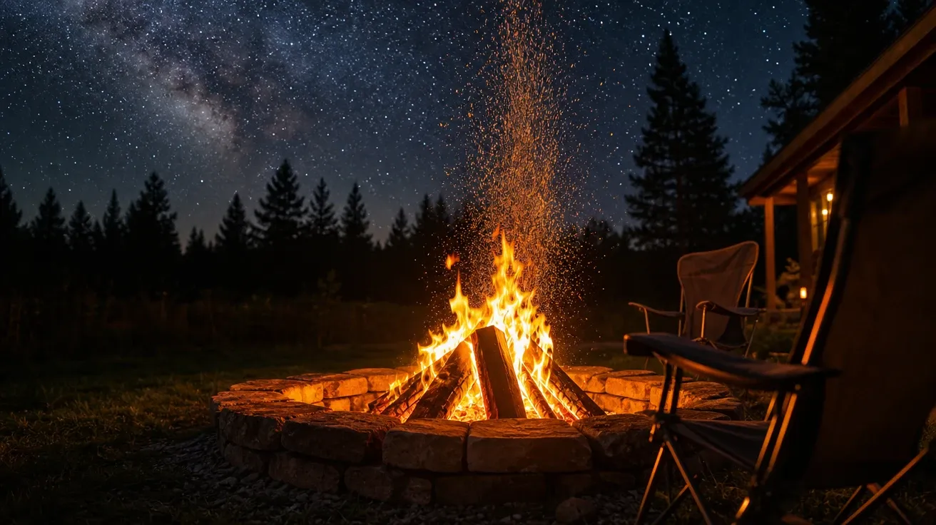 AI-generated backyard fire pit at midnight with sparks rising in a trail toward a starry sky over a quiet yard.