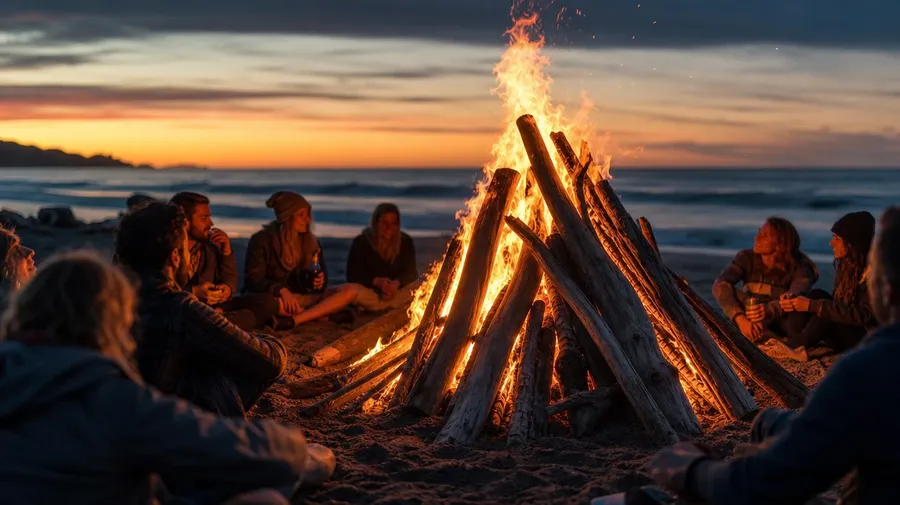 AI stock fire image of a beach bonfire at dusk with friends in soft focus around the flames and a deep blue ocean behind.